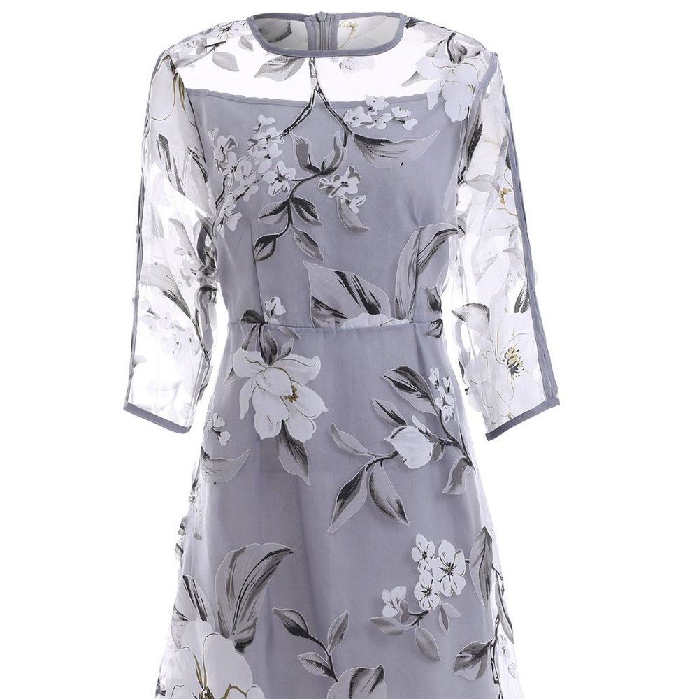 Elegant Sheer Floral Organza Midi Dress